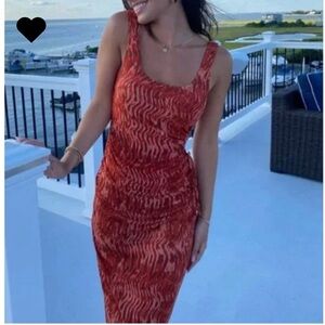 House of Harlow 1960 Cinched Side Keyhole Cutout Red Orange Mesh Midi Dress